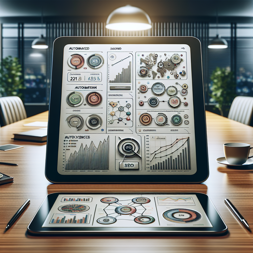 Illustration of automated SEO tools and analytics dashboard